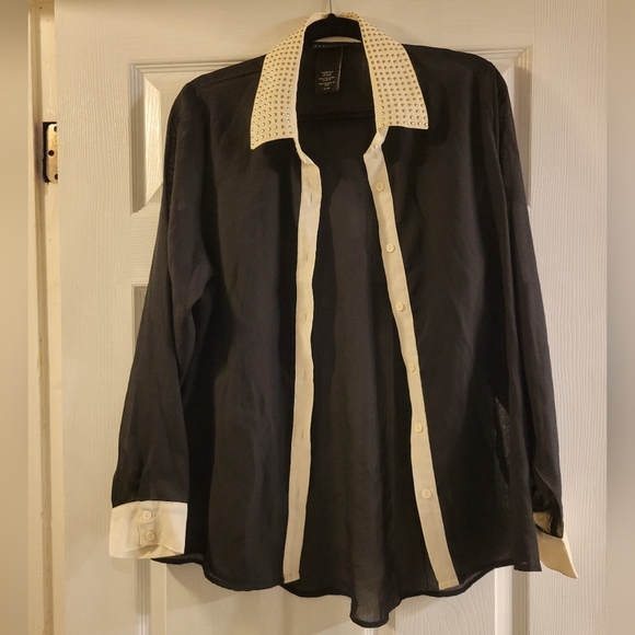 Metaphor black sheer button up w/ white details Gold embroidered collar size XL - Picture 2 of 10
